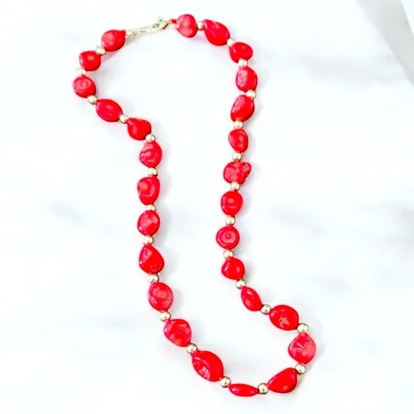 Vintage Textured Red Coral  Colored Glass Beaded Necklace w/ Silver Detail, 18” - Picture 3 of 7